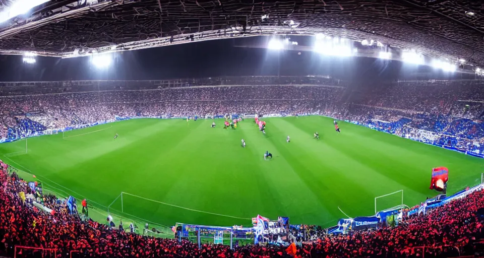 Image similar to television broadcast of professional soccer game, players wearing top hats, wide angle, birds eye, tv