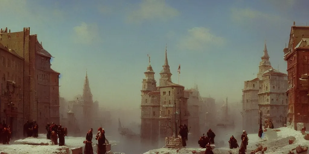 Prompt: street view of a city, made entirely out of stone by Ivan Aivazovsky