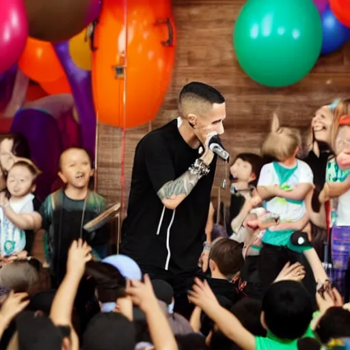 Image similar to Linkin Park Performing at a child's birthday party with children in the audience. Chester Bennington screams into the microphone, photograph