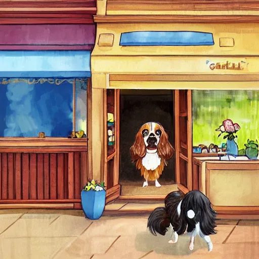 Prompt: ice cream shop with a king charles spaniel, digital art by studio ghibli, lilia alvarado