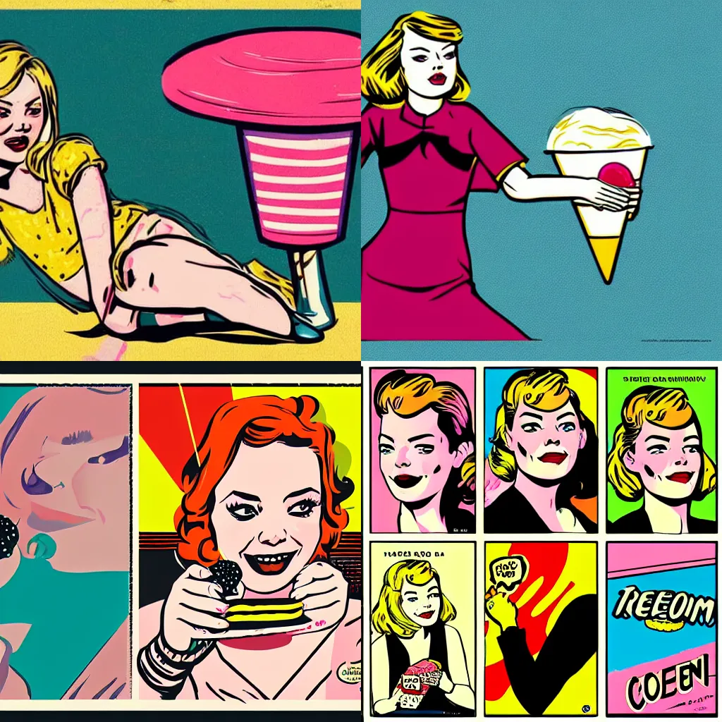 Prompt: Emma Stone and ice cream, retro comic pop art