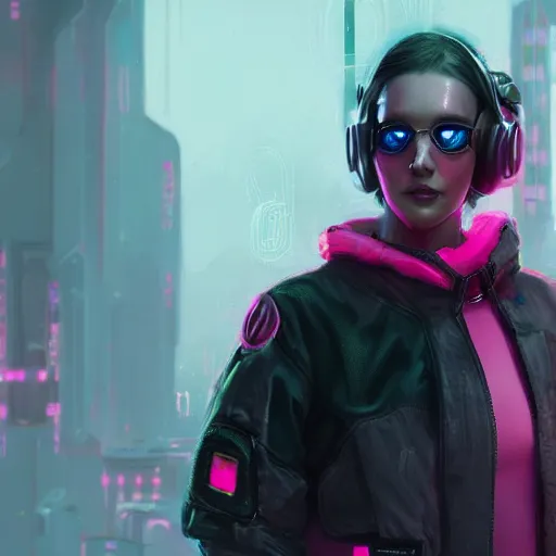 Image similar to a beautiful nord woman cyberpunk wearing detailed pink techwear jacket, by raymond swanland and jia ruan, featured on artstation