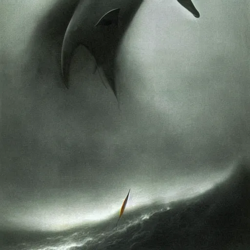 Image similar to the grim reaper on the back of a dolphin that is jumping over a rainbow, by zdzislaw beksinski,