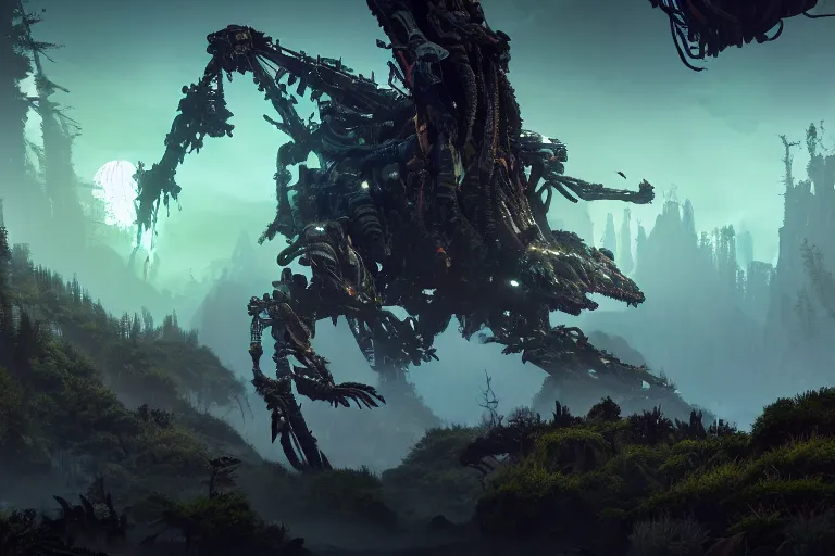 Image similar to wide epic shot from horizon forbidden west. a hyper detailed organic mechanic creatuve realistic similar look as horizon forbidden west horizon zero dawn, bioluminiscence in a dark deep forest at dawn in spring, with reflection and textures, by kilian eng, substance painter reaslitic mech surface metal painted scratches, world env from horizon forbidden west horizon zero dawn