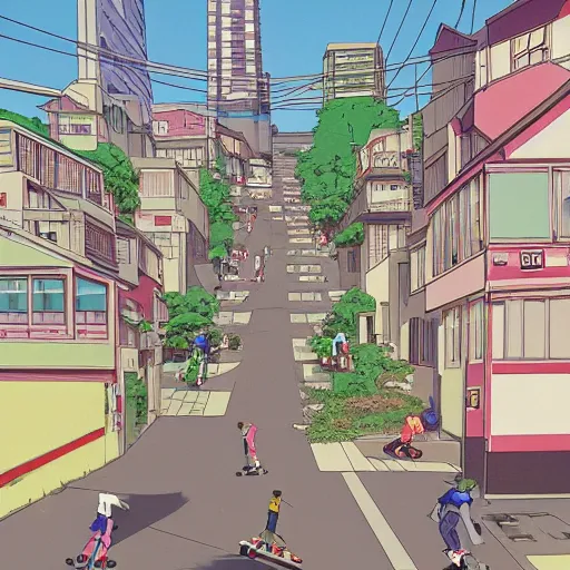 Image similar to city street, sloped street, city on tall hillside, street scene, rollerbladers grinding on rails, skaters, rollerskaters, cel - shading, 2 0 0 1 anime, flcl, jet set radio future, golden hour, japanese town, concentrated buildings, japanese neighborhood, electrical wires, cel - shaded, strong shadows, vivid hues, y 2 k aesthetic