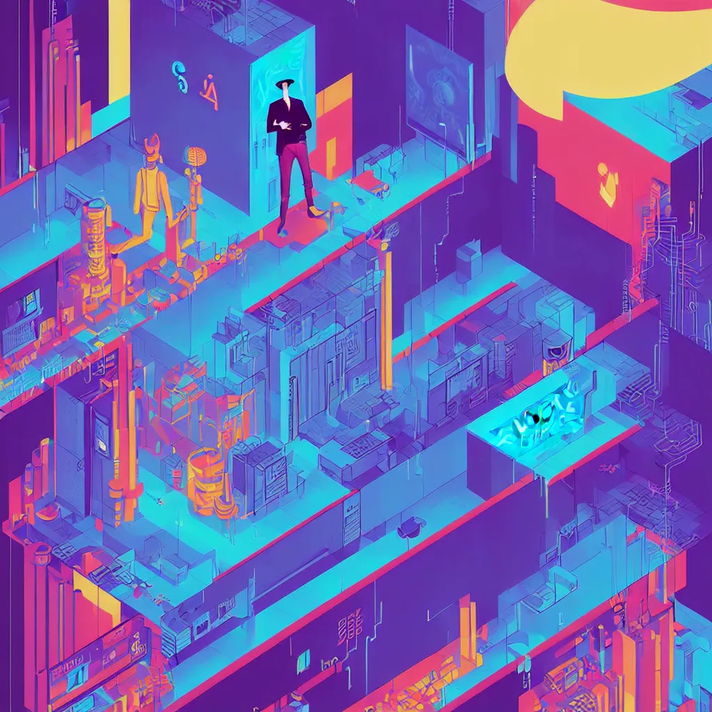 Image similar to illustration of a data-center architecture or schema, security agent with black hat, datastream or river, painting by Jules Julien, Leslie David and Lisa Frank and Peter Mohrbacher and Alena Aenami and Dave LaChapelle muted colors with minimalism