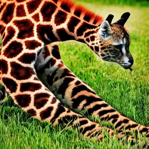 Prompt: cat giraffe hybrid, bold natural colors, national geographic photography, masterpiece, full shot, grass, award winning