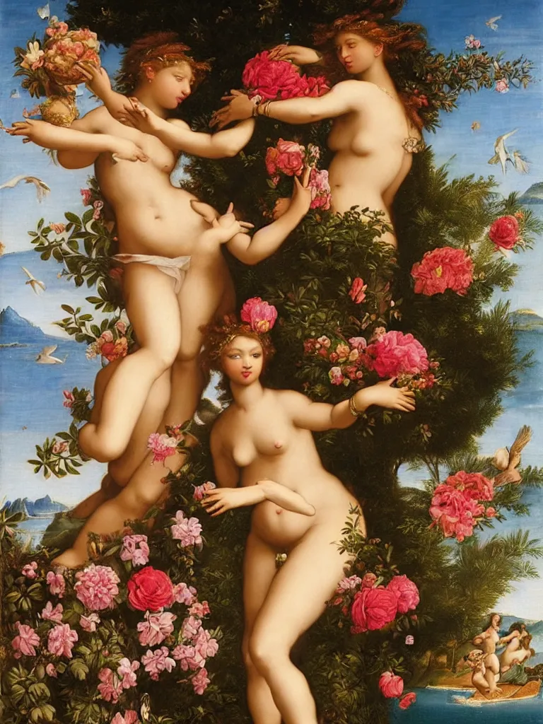 Image similar to african aphrodite, goddess of love : : the birth of venus : : background of roses, myrtle, doves : : rococo, academicism