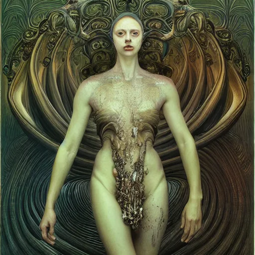 Image similar to queen of neptune by zdzisław beksinski, iris van herpen, raymond swanland, alexander mcqueen and alphonse mucha. highly detailed, hyper - real, beautiful