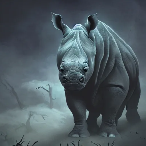 Image similar to rhino as a monster, fantasy art style, scary atmosphere, nightmare - like dream