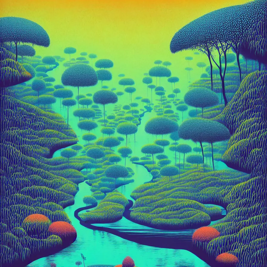 Prompt: ( ( ( gediminas pranckevicius ) ) ), river flow through borneo jungle, summer morning, very coherent and colorful high contrast art by james gilleard floralpunk screen printing woodblock, pointillism, dark shadows, pastel color, hard lighting, stippled light