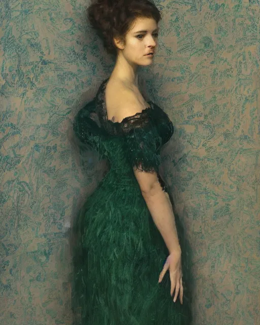Prompt: a portrait of a young woman wearing a black evening dress made of transparent lace, messy bun hairstyle, delicate face, looking away, cinematic, intricate details and textures, back lighting, epic pose, in front of a blue - green wall, by serge marshennikov, jeremy lipking, villeneuve
