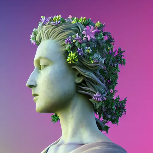 Image similar to an idealistic marble statue with flowery hair in a fractal garden, unreal engine, 8k render, beautiful, full frame,