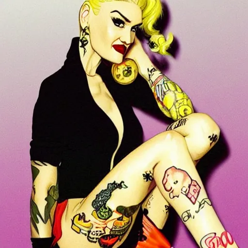 Image similar to 9 0 s gwen stefani, stylized as an american traditional tattoo pinup girl, sitting on a banana,
