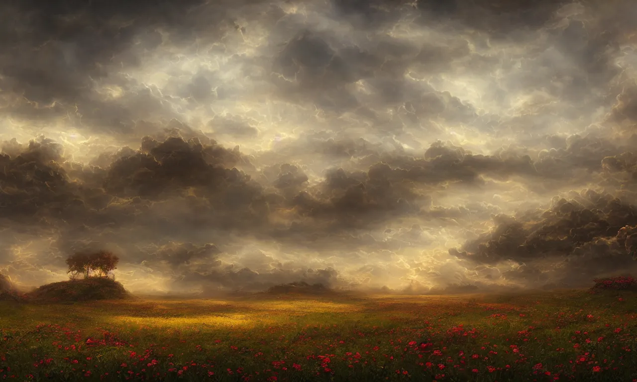 Image similar to breathtaking digital painting of a plains landscape in luxurious nature, with intricate art nouveau moody dark tumultuous clouds, at dawn with roses and golden petals flying, concept art, matte, by johannes voss and seb mckinnon,