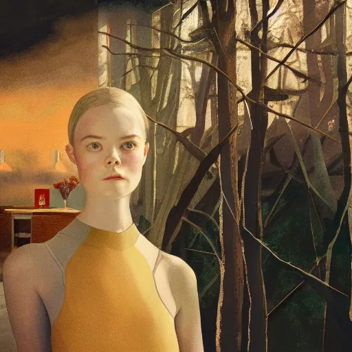 Prompt: Elle Fanning in the painted world of Ex Machina, head and shoulders masterpiece, apocalypse, golden hour, cosmic horror, artstation, in the style of Andrew Wyeth and Edward Hopper and Bosch, extremely detailed