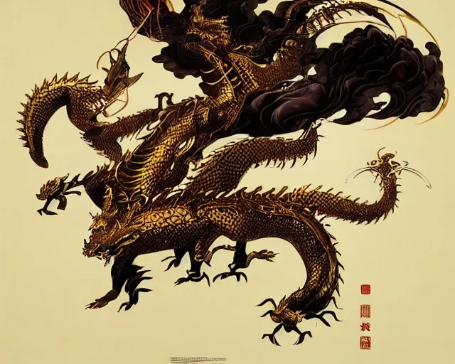 Prompt: a chinese - inspired poster depicting a golden dragon, epic, legendary, cinematic composition, stunning atmosphere ， by katsushika hokusai, pete mohrbacher, yoji shinkawa + gothic illustration + trending on artstation + intricate details - h 1 0 2 4