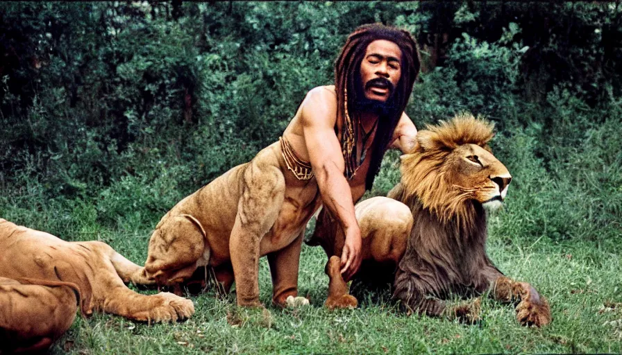 Prompt: 7 0 s film still from a movie about a rastafarian and his pet lion, kodachrome, cinecolor, cinestill, film grain, film texture, retro, cinematic, high resolution, photorealism,