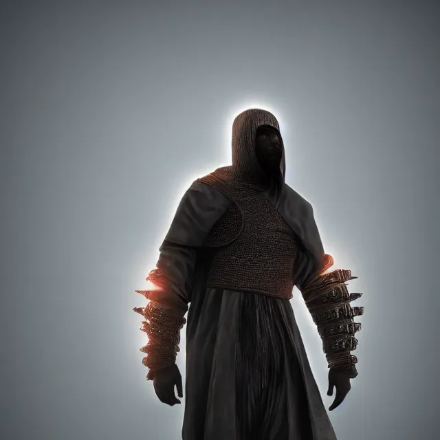 Image similar to yeezus era kanye with maison mariela mask reimagined as a boss in dark souls, dark cinematic, volumetric, realistic, cinematic lighting, ray tracing, unreal engine 5, unreal engine render, octane render, hyper realistic, photo, 8 k