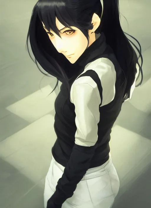 Image similar to black ponytail hair, pale woman in a black zipper jacket, yellow eyes, by artgerm, hair tied in a ponytail, white backdrop, soft lighting, night scene, by greg rutkowski makoto shinkai takashi takeuchi