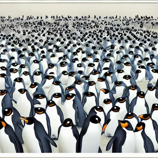 Prompt: Convention of penguins by Yoshita Amano