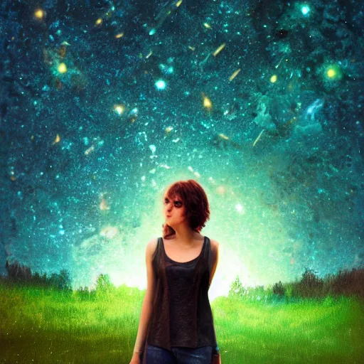 Image similar to an hd photo of a young woman with short brown hair and green eyes, beautiful trees in the background, night sky with stars and galaxies, trending on artstation
