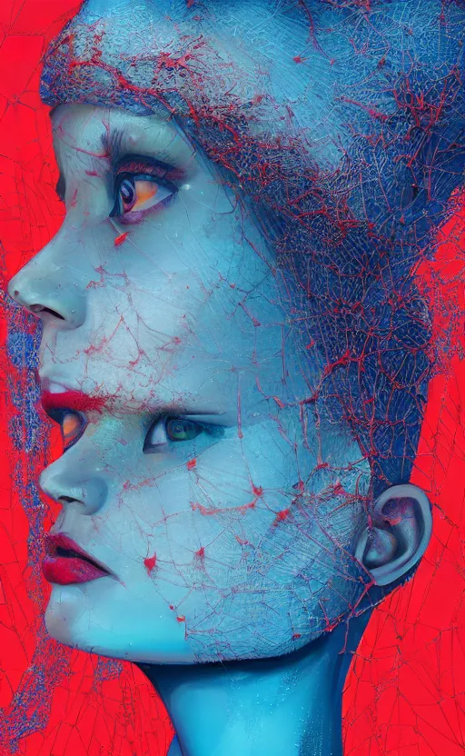 Image similar to a red oil painting hyperrealism of a beautiful woman, cobwebs, spider makeup, cobwev headdress, 8 k resolution, octane render, trending on artstation, by gediminas pranckevicius, volumetric light 2 blue fractal thunder glow by dan mumford, anaglyph effect, laurie lipton