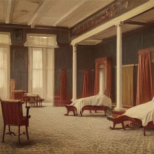 Prompt: victorian era clinic interior with beds and screens, clean, matte painting, 19th century, oil painting