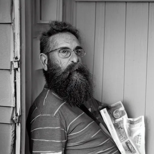 Image similar to a grumpy, top-heavy 60 year old man with short curly brown hair and a big beard sitting on his back porch next to a table covered in empty cigarette cartons and lottery tickets, 8mm lens photography,