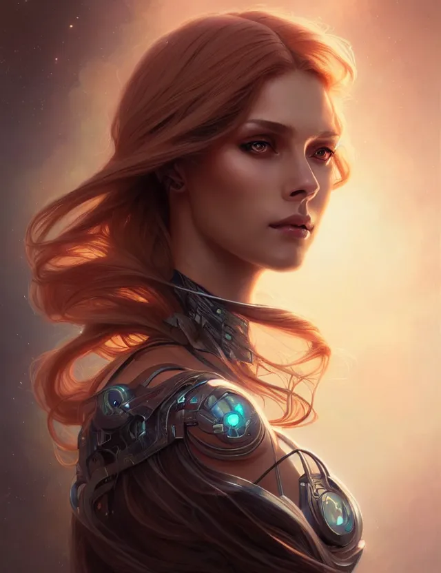 Image similar to futuristic woman portrait, sci-fi, amber eyes, face, long hair, fantasy, intricate, elegant, highly detailed, digital painting, artstation, concept art, smooth, sharp focus, illustration, art by artgerm and greg rutkowski and alphonse mucha