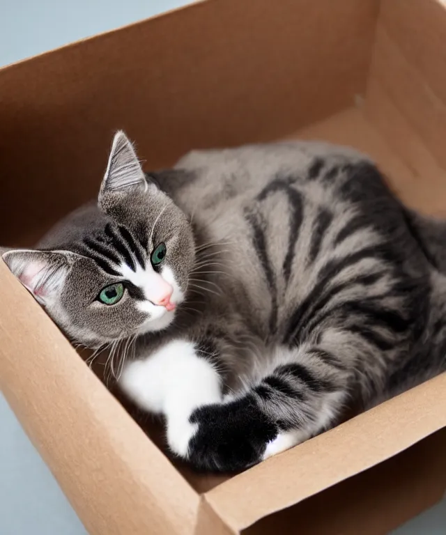 Image similar to a cat plushie in a cardboard box