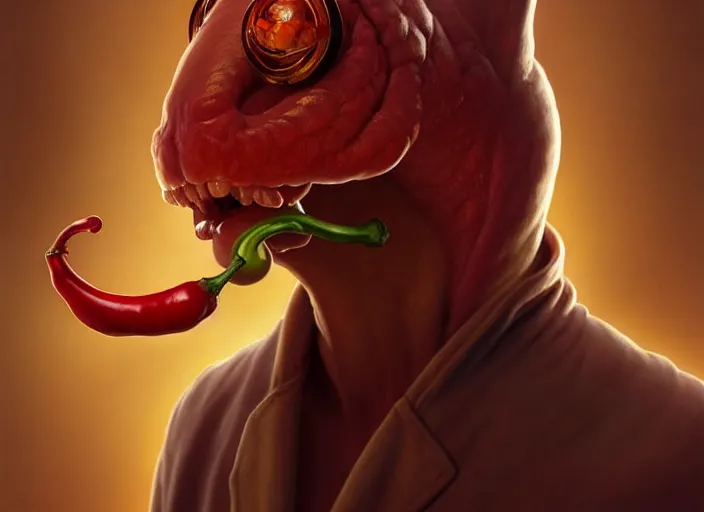 Image similar to a anthropomorphic pepper wearing a lab coat, diffuse lighting, fantasy, intricate, elegant, highly detailed, lifelike, photorealistic, digital painting, artstation, illustration, concept art, smooth, sharp focus, art by frank frazetta and marco bucci and loish and rossdraws and artgerm and alphonse mucha