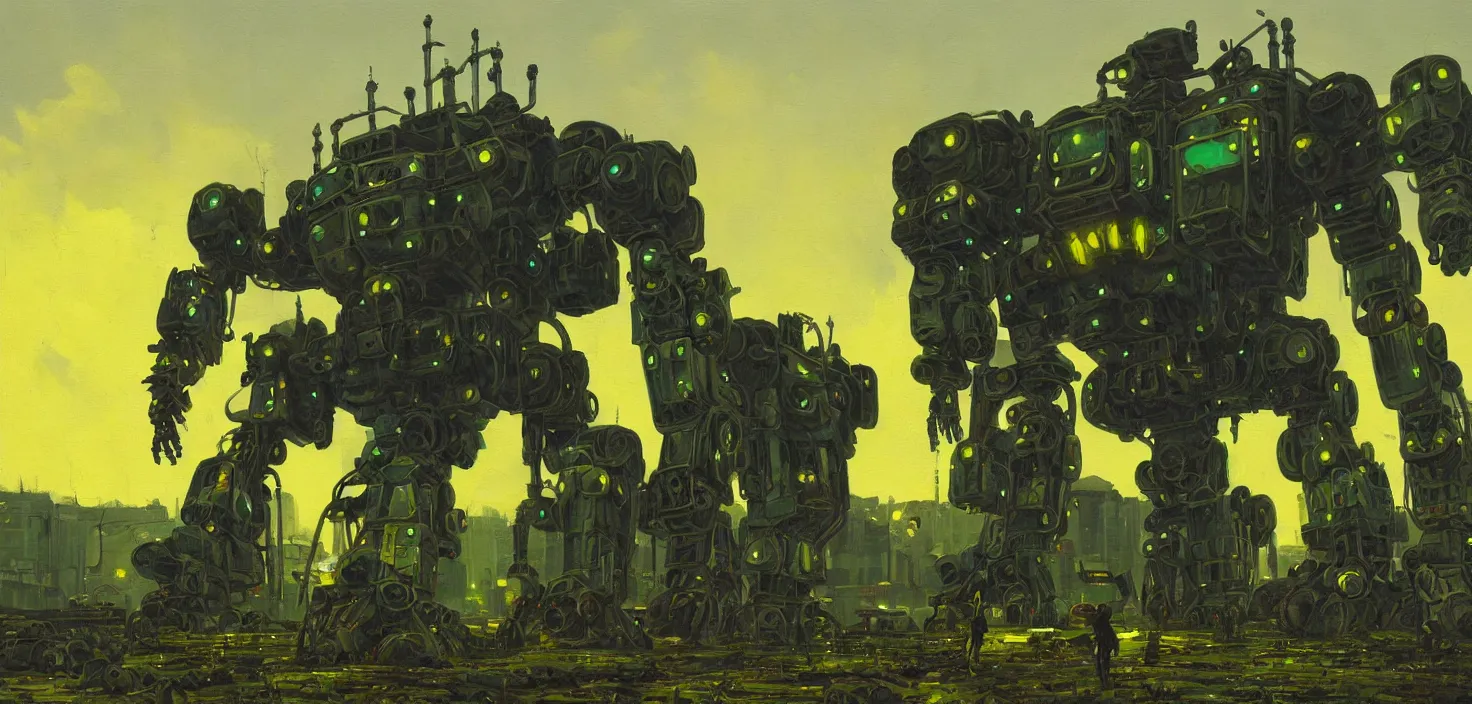 Prompt: an intricate oil painting of a giant armored metal mecha by simon stalenhag, green, yellow and black trim