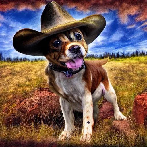 Image similar to a cute dog wearing a cowboy hat, deep dream