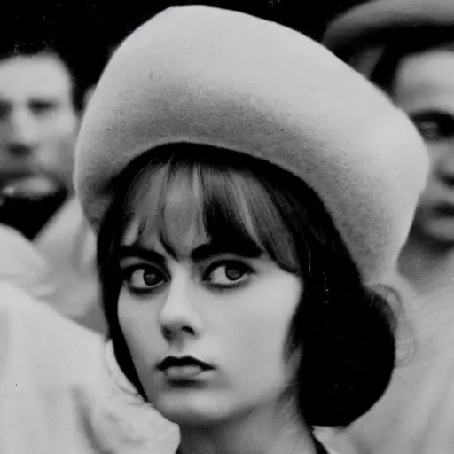 Image similar to still from a masterpiece 1 9 6 0 s french art film, very beautiful and elegant girl in beret with large eyebrows sits in the far background with an angry expression, moody lighting, viewed from afar, cinematic shot, the camera is focused on a crowd of people