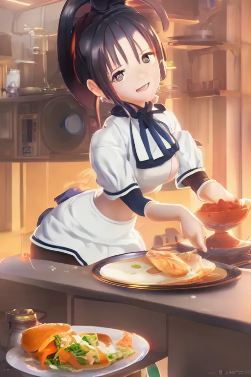 Image similar to a cute android maid girl cooking breakfast, character art portrait, anime key visual, official media, illustrated by wlop, extremely detailed, 8 k, trending on artstation, cinematic lighting, beautiful,