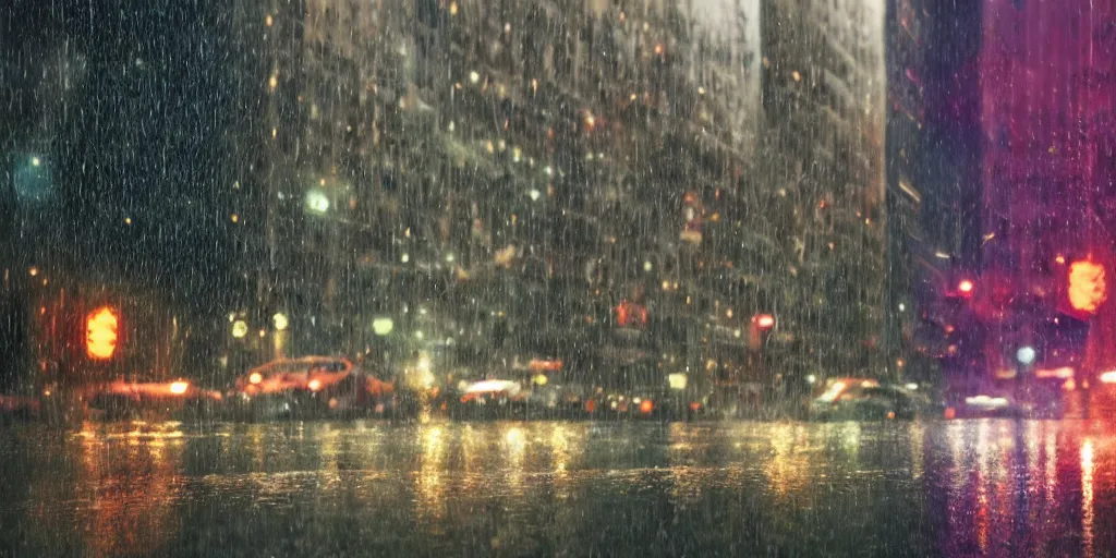 Image similar to a ultra photorealistic film still trough a raincovered window on a rainy but colourful day in new york. sparkling lights, wide shot, frog perspective, ultra sharp, wes anderson, studio ghibli, pixar and disney animation, octane render, anime key art by greg rutkowski, dramatic lighting, award winning photography