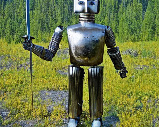 Image similar to middle shot, ancient greek robot warrior standing in front of altai forest with a sword, circa 1 9 8 4, detailed photo