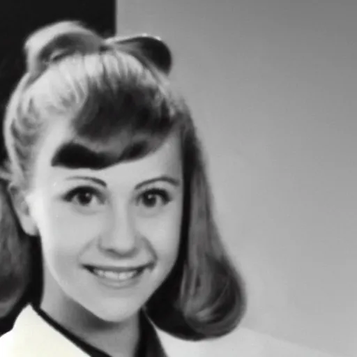 Image similar to a yearbook photo of Betty Cooper in 1966, she has a ponytail and bangs