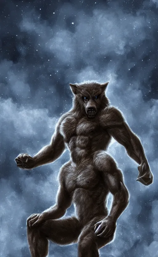 Image similar to Portrait of a rugged werewolf sitting down, male, muscular, space clothing!!!!!, highly detailed, cinematic lighting, digital art