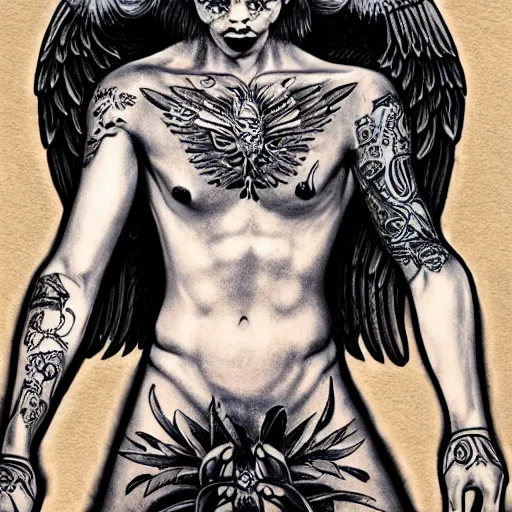 Image similar to beautiful androgynous fallen angel with tattoos on his body being cast from heavens, intricate, hd, high detailed, 4 k, art by grey rukowski