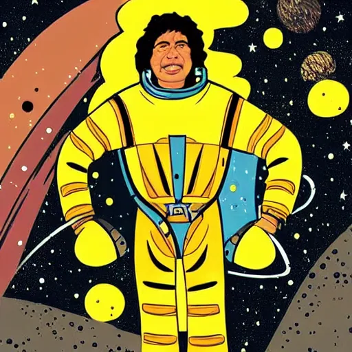 Prompt: neanderthal in a space suit floating in space, stars glittering in background, pulp science fiction illustration