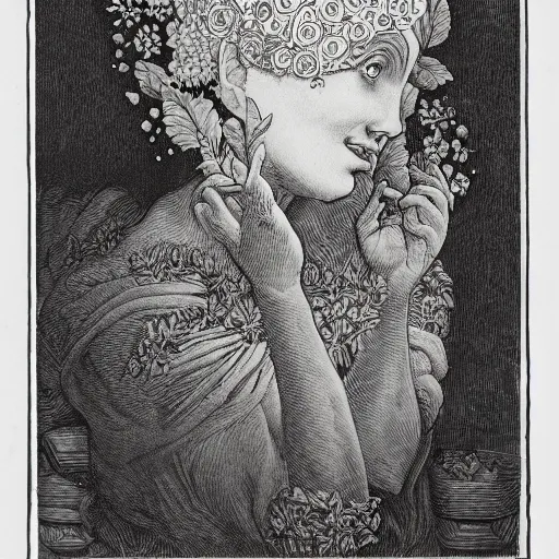 Prompt: highly detailed floral etching of a woman holding a realistic brain in one hand a microcircuit chip in the other hand, in the style of Doré and Mucha