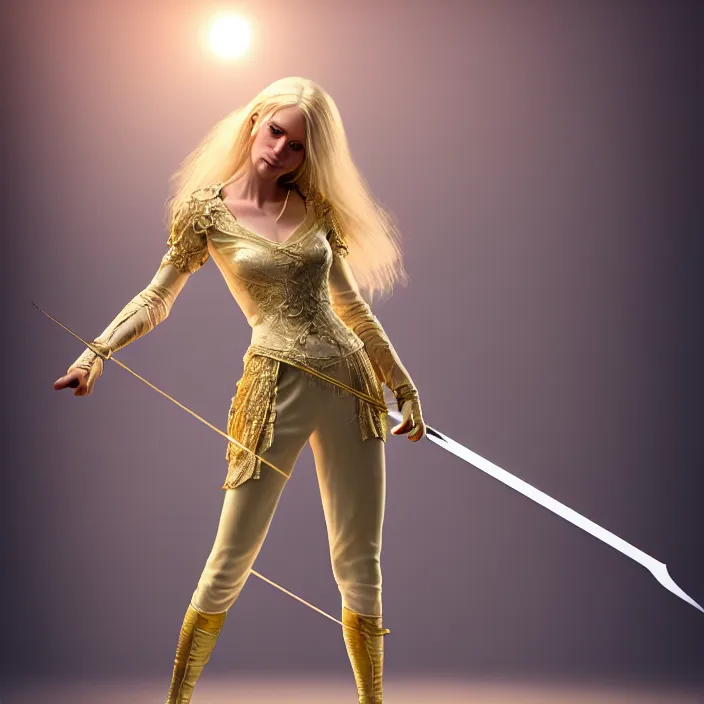 Prompt: soft light, volumetric lighting, highly detailed tall beautiful woman with buttery blonde hair. a gauzy, gold-shot, transparent dress. wide smile. intricate rapier sword, fencing pose , Realistic, Refined, Highly Detailed, indoors, soft pastel lighting colors scheme, indoor fine art photography, Hyper realistic, photorealistic, warm lighting,