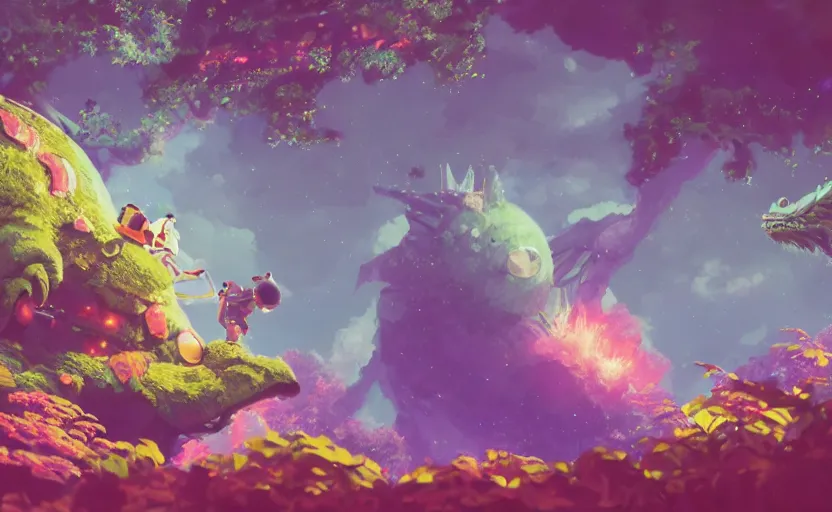 Image similar to a still of a cute adorable tiny astronaut, on a planet of lush colorful foliage, with an enormous kaiju dragon surrounding the full background, magical forest, sharp focus, neon backlit, highly detailed, disney pixar studio ghibli makoto shinkai, digital painting, matte, octane render, cinematic bloom, global illumination, iridescent, anime, 8 k concept art