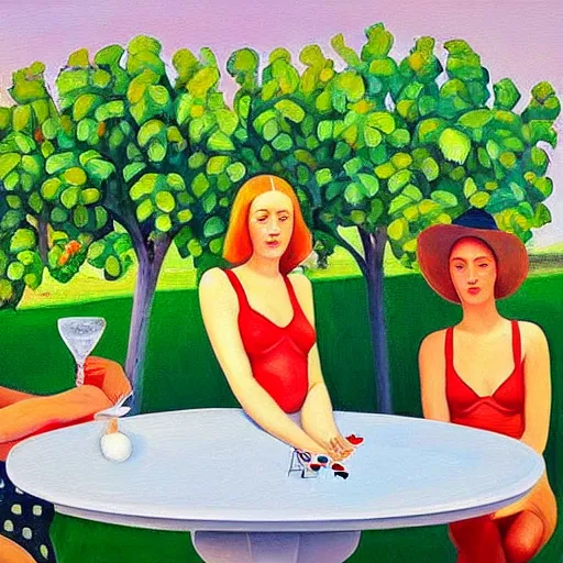 Image similar to “an award winning painting of a group of beautiful young symmetric people wearing swimsuits, sitting at a round garden table playing cards under a fig tree in the sun, drinking gin and tonic. In the style of Edward hopper”