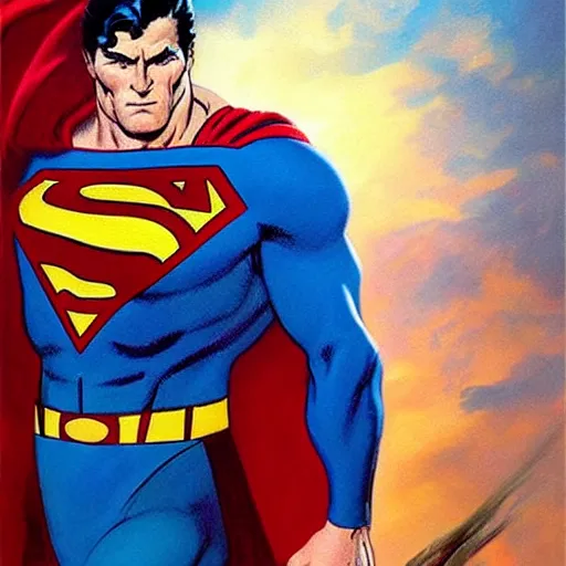 Image similar to an ultra - realistic portrait painting of superman in the style of frank frazetta. 4 k. ultra - realistic. highly detailed. dark fantasy. epic lighting.