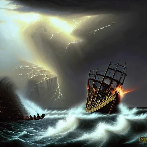 an ancient trojan trireme being destroyed and | Stable Diffusion