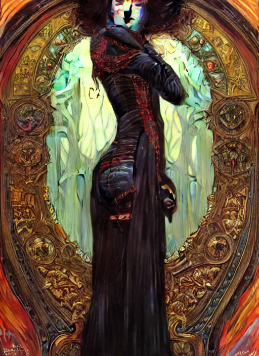 Image similar to hyper detailed masterpiece vampire girl duchess by donato giancola and tom bagshaw, face by artgerm and edmund leighton, and alphonse mucha, trending on artstation, colorful, psychedelic aesthetic, ornate, background by gustav klimt, 8 k, black gothic, majestic, volumetric lighting, porcelain skin, concept art, sharp focus