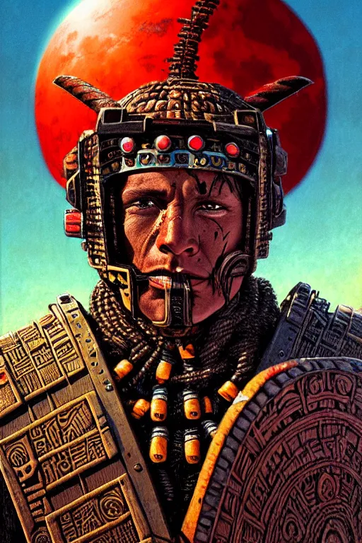 Image similar to aztec warrior, character portrait, portrait, close up, concept art, intricate details, highly detailed, blood moon background, soft light, vintage sci - fi poster, in the style of chris foss, rodger dean, moebius, michael whelan, and gustave dore